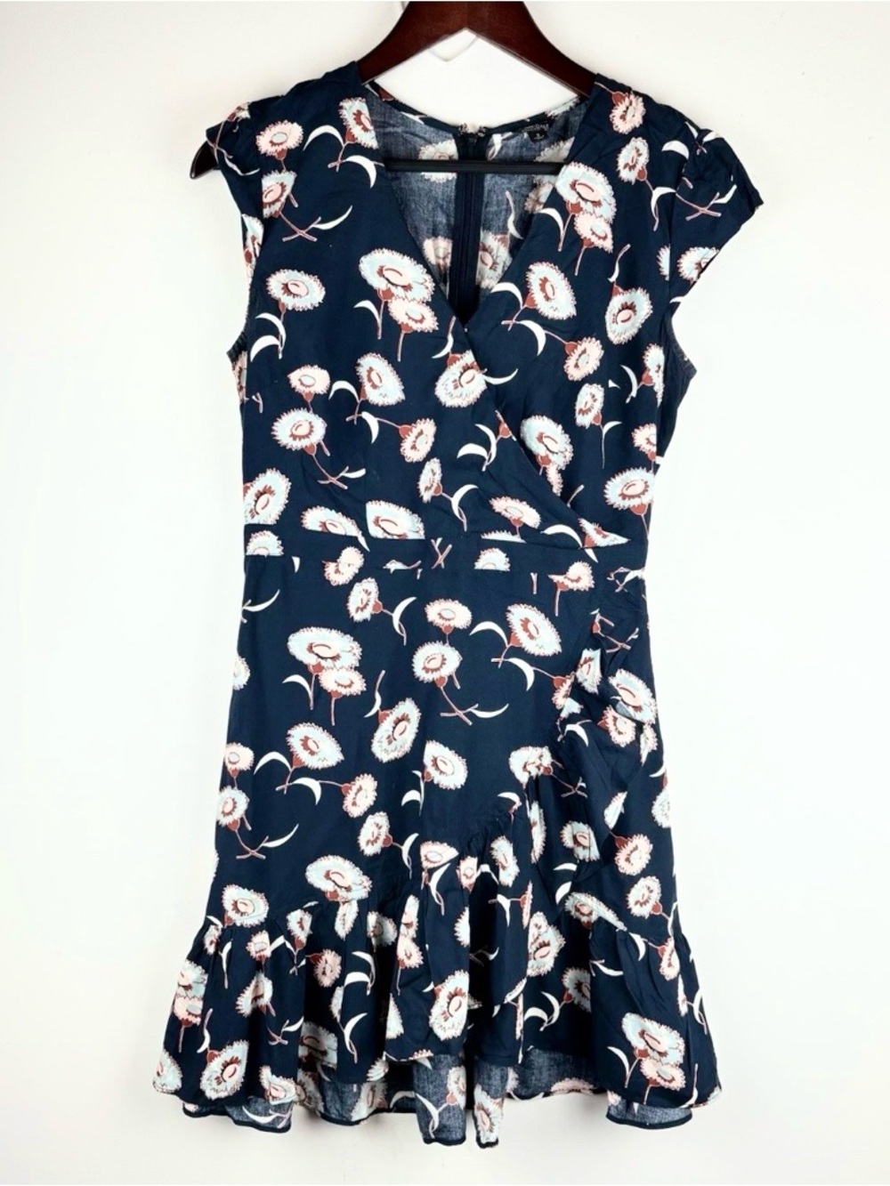 J.Crew Blue Floral Faux Wrap Ruffle Dress Sz 2 Cottagecore Dainty Summer Wedding - Picture 2 of 9